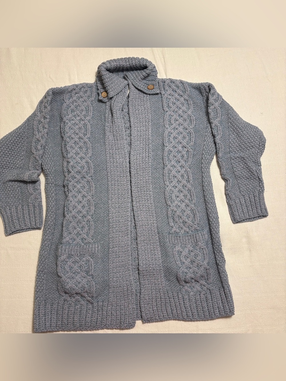Carraig Donn 100% Merino Wool Cardigan Blue Sweater Womens Size Small Cable Knit